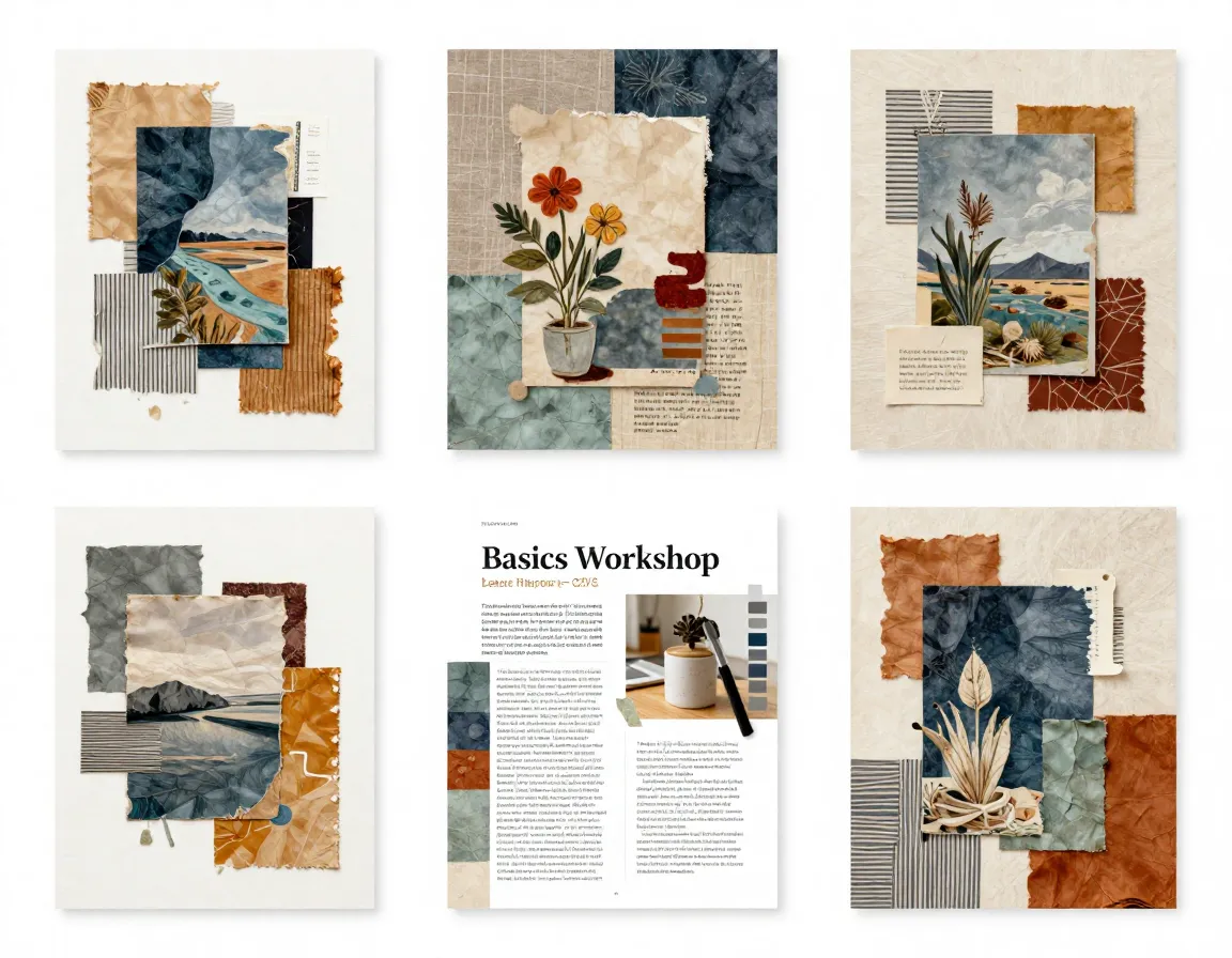 Collage Basics workshop materials and finished artwork